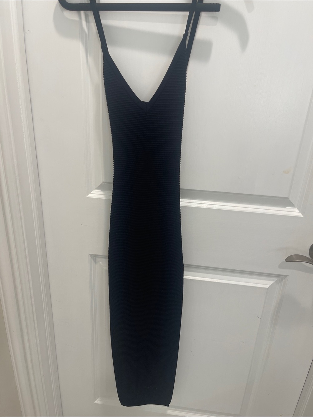 AKIRA Black Ribbed V-Neck Midi Slip Dress
